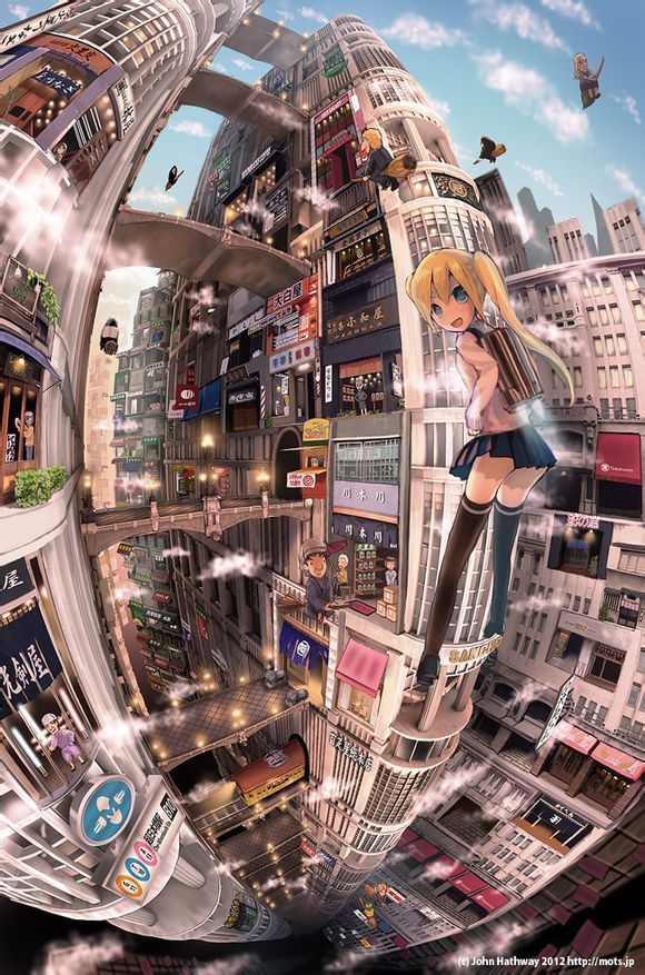 john hathway 未来城市与美少女 全景透视插画欣赏
