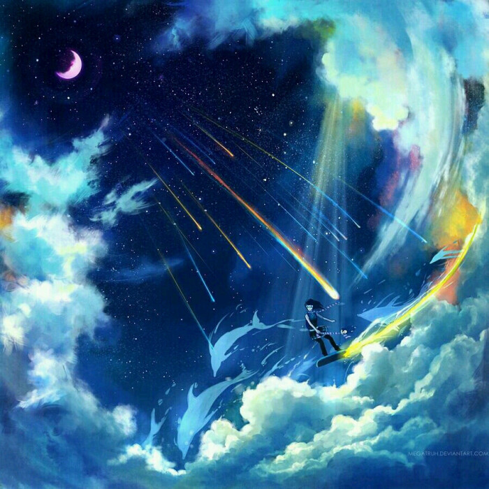 场景区 冷色调 蓝色系 流星雨 流云 p站 插画 唯美