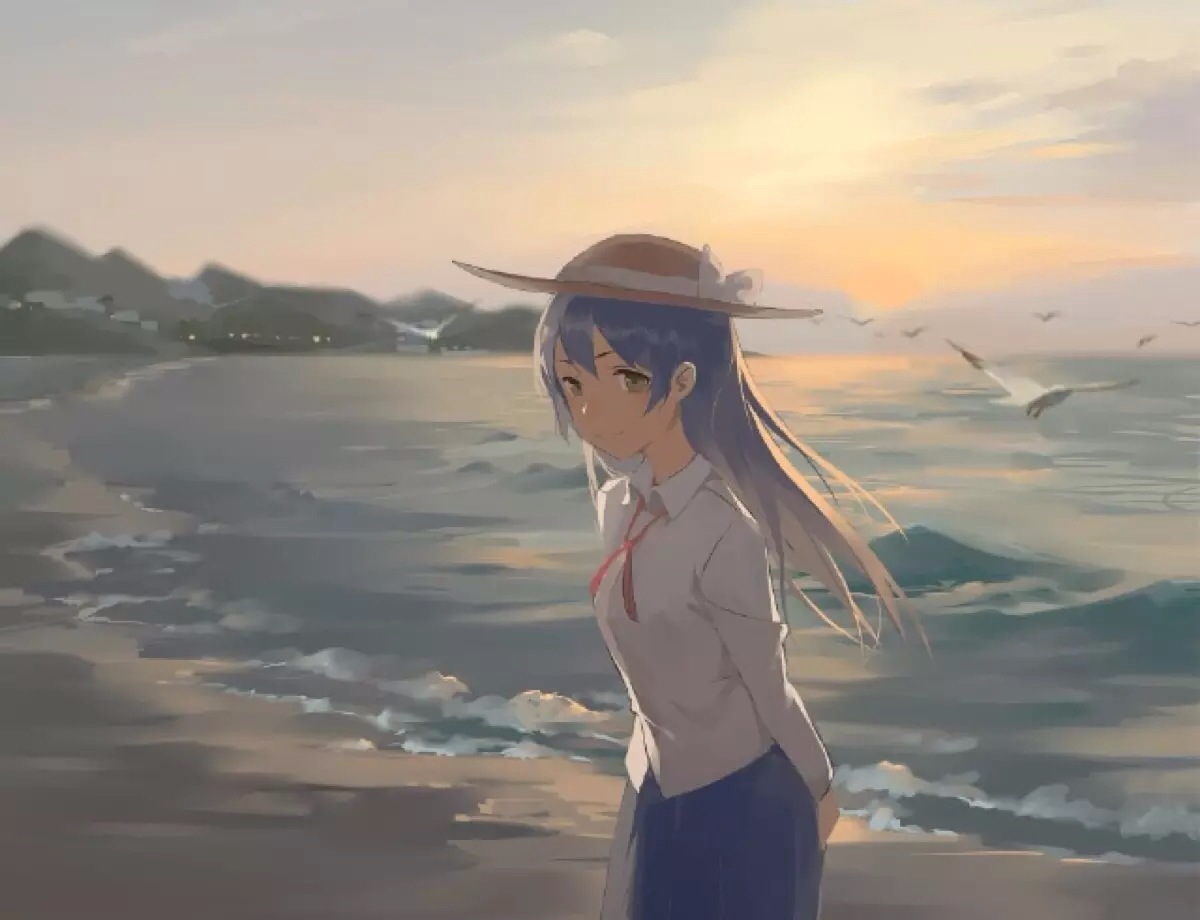 草帽 少女 小清新 温馨 治愈 海边 海鸥 萌 二次元 高清 壁纸 动漫
