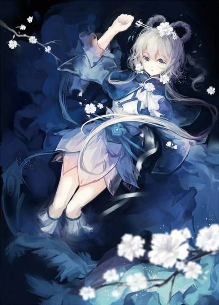 v家 洛天依 原创 插画 古风 少女 唯美 意境 冷色调 蓝色【画师