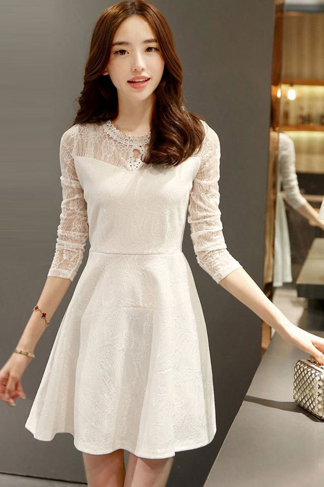 春装新品蕾丝长袖a字裙连衣裙