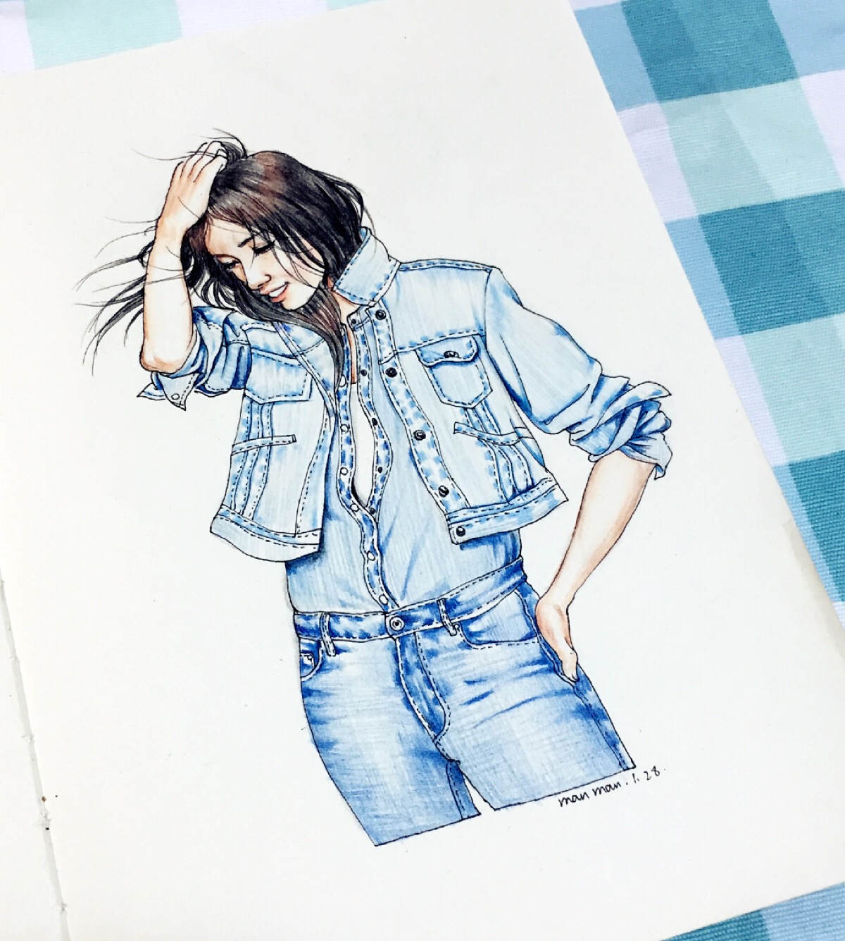 彩铅画,牛仔服
