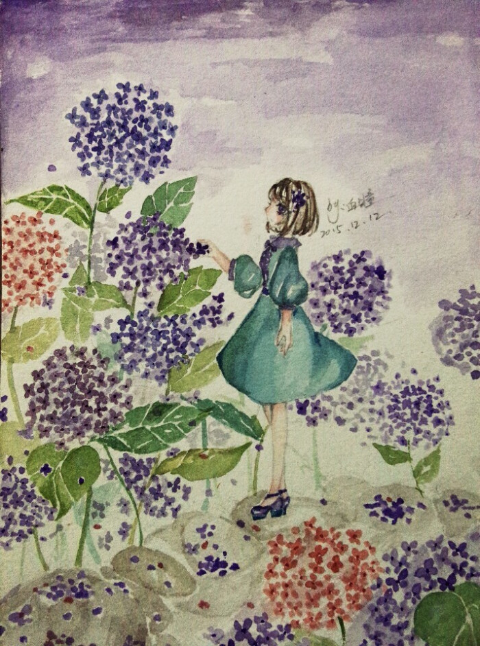 手绘 水彩 少女 绣球花