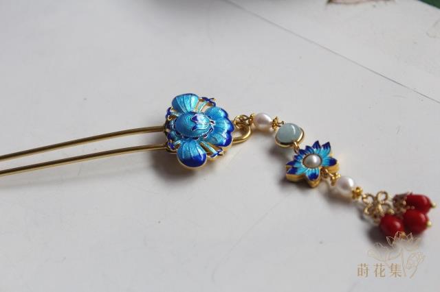 【莳花集】锦年-烧蓝花帽莲花海蓝宝珍珠多宝发钗步摇汉服配饰