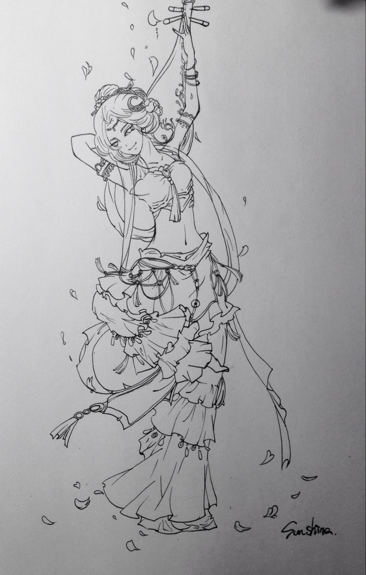 手绘 线稿 古风 少女