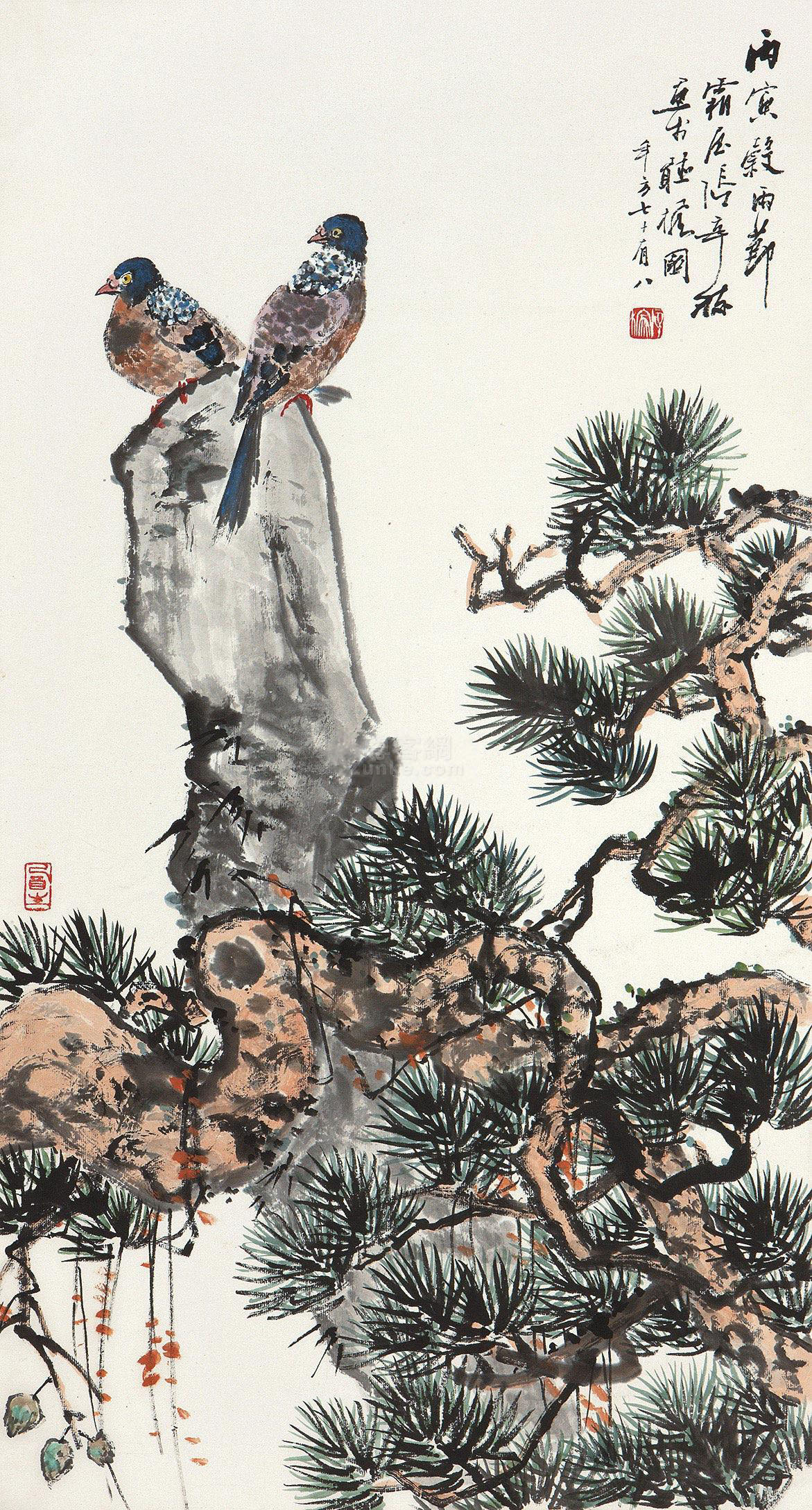 张辛稼松寿延年立轴设色纸本作品欣赏