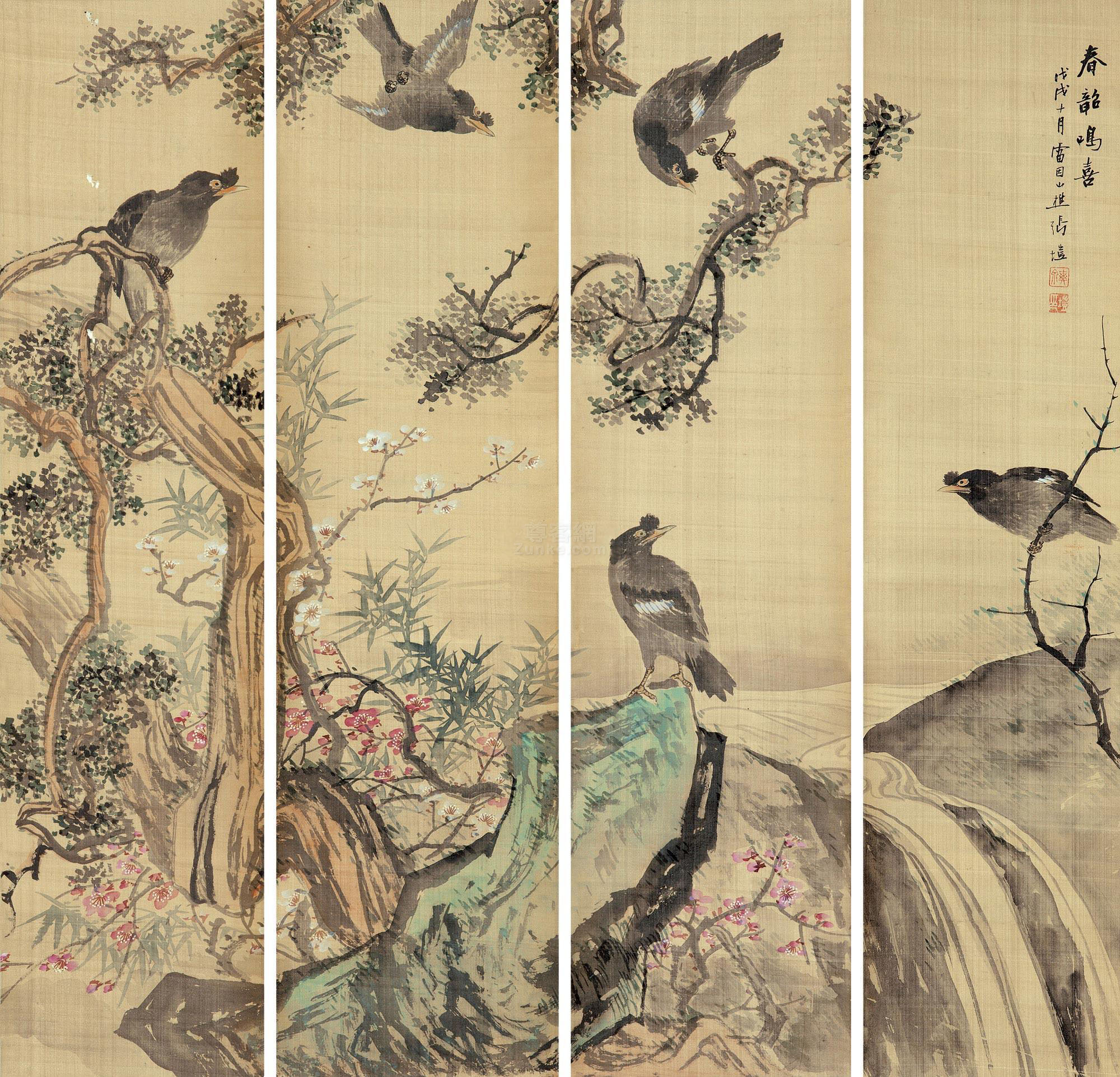 张辛稼 春韵鸣喜通景屏 屏轴 设色绢本作品欣赏