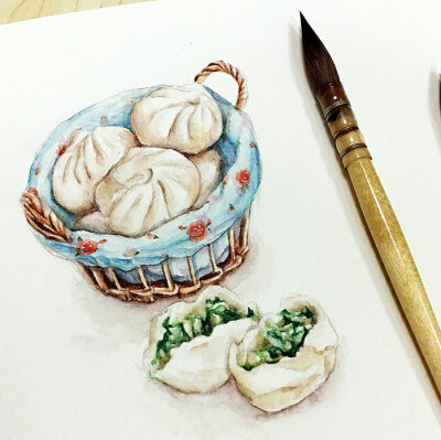 美食艺术 食物 插图插画 涂鸦绘图 水粉彩铅 手帐素材 吃货福利 包子