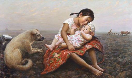 画家李自健的姐弟亲情主题的生活油画