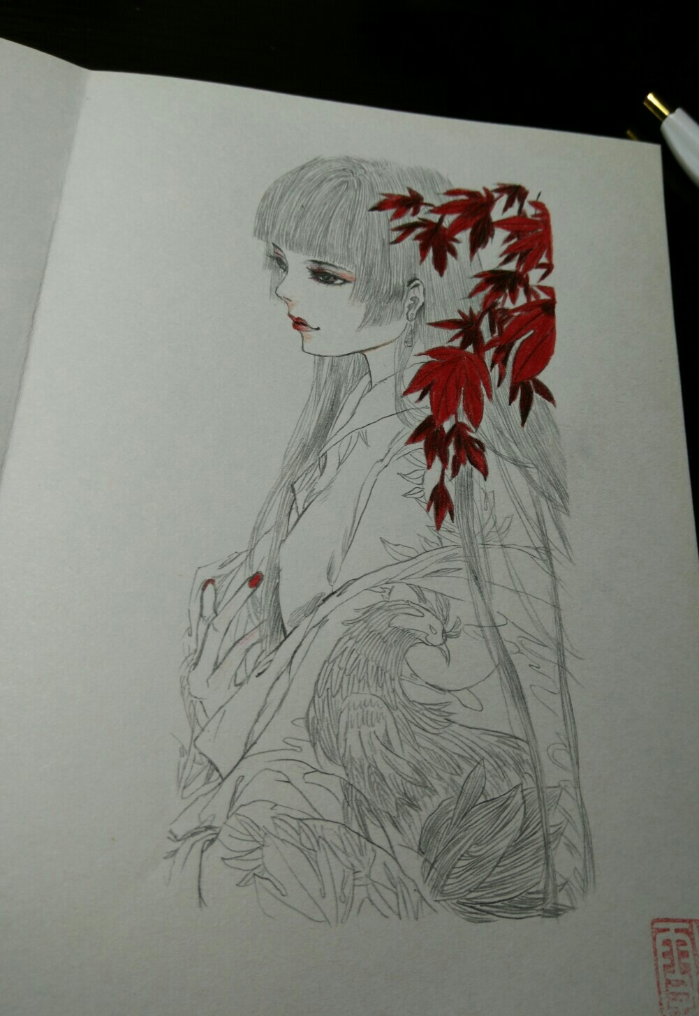 临摹 伊吹五月红叶线条 彩铅 插画 古风美人 意境