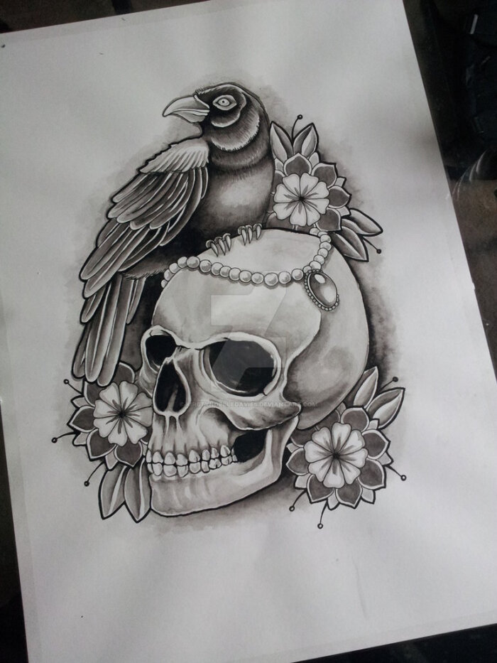 tattoo design 纹身手稿 设计图 骷髅 鸟 花朵 黑白手绘