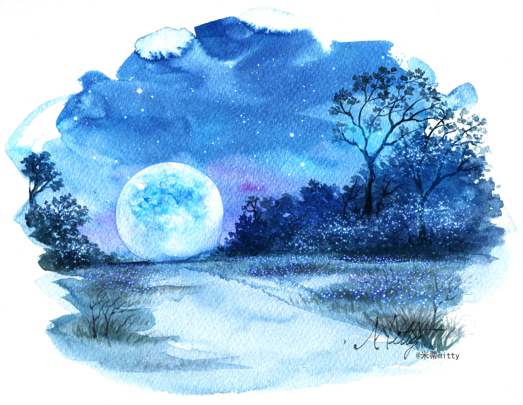 【梦幻水彩系列】#米蒂风景水彩# 繁星点点,月光如水,洒下柔和的光