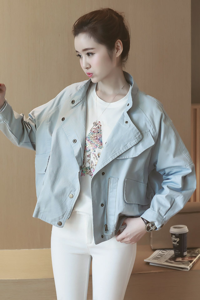 夏新款女装韩版宽松纯色长袖夹克休闲短款外套