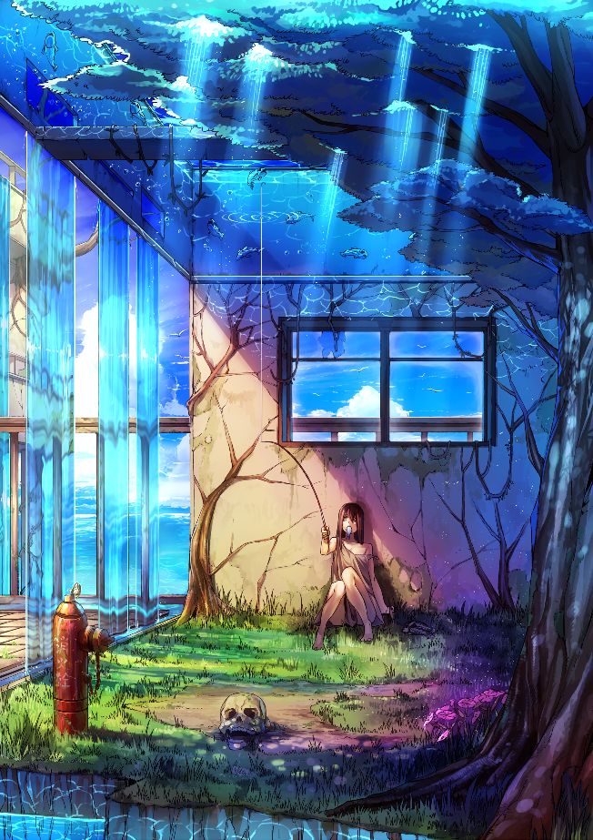 人物  封面  卡通  q版  钓鱼  少女  蓝色系  意境  深海  风景
