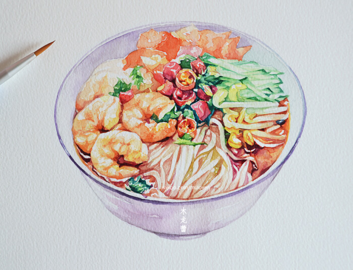 木龙蕾/绘# 手绘食物 虾仁辣椒面 水彩画 原创 插画