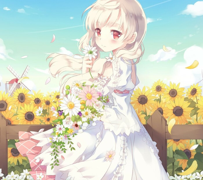向日葵 花田 少女 二次元