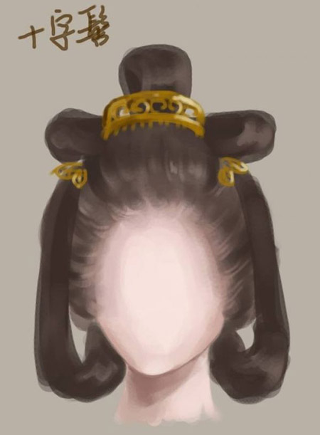 梳理顺序是先在头顶正中将发盘成一个十字型的髻,再将余发在头的两侧