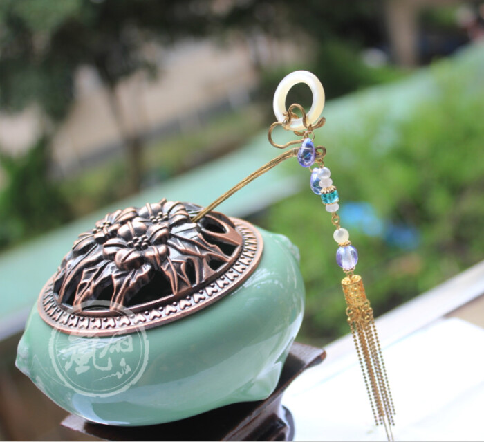 【岚扇手作】云挽月 白蝶贝捷克琉璃 娃簪