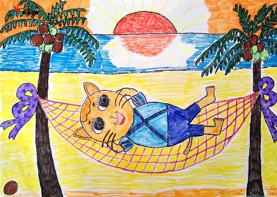 懒猫与夕阳 儿童画思维绘画 创意美术儿童画 阳光之美少儿美术