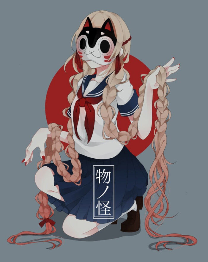 动漫 二次元 插画 壁纸 头像 背景 唯美 p站 麻花辫 少女 面具