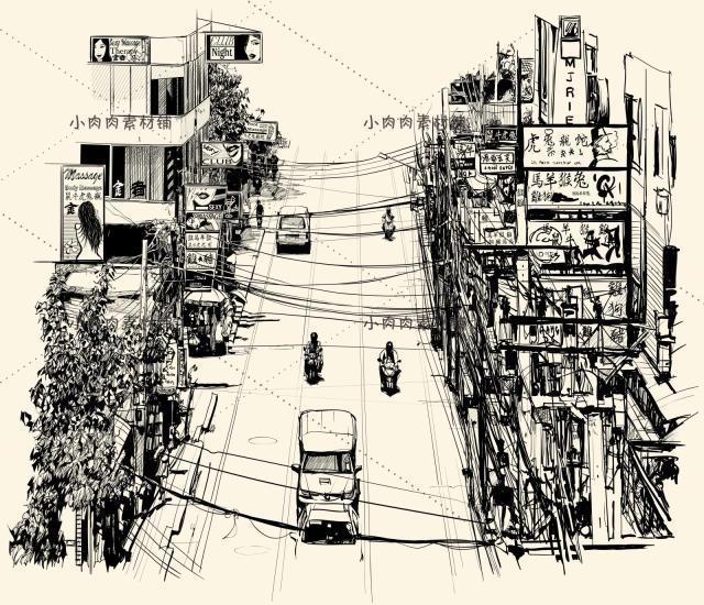 复古铅笔手绘素描城市高楼建筑eps矢量图片海报背景素材ai18