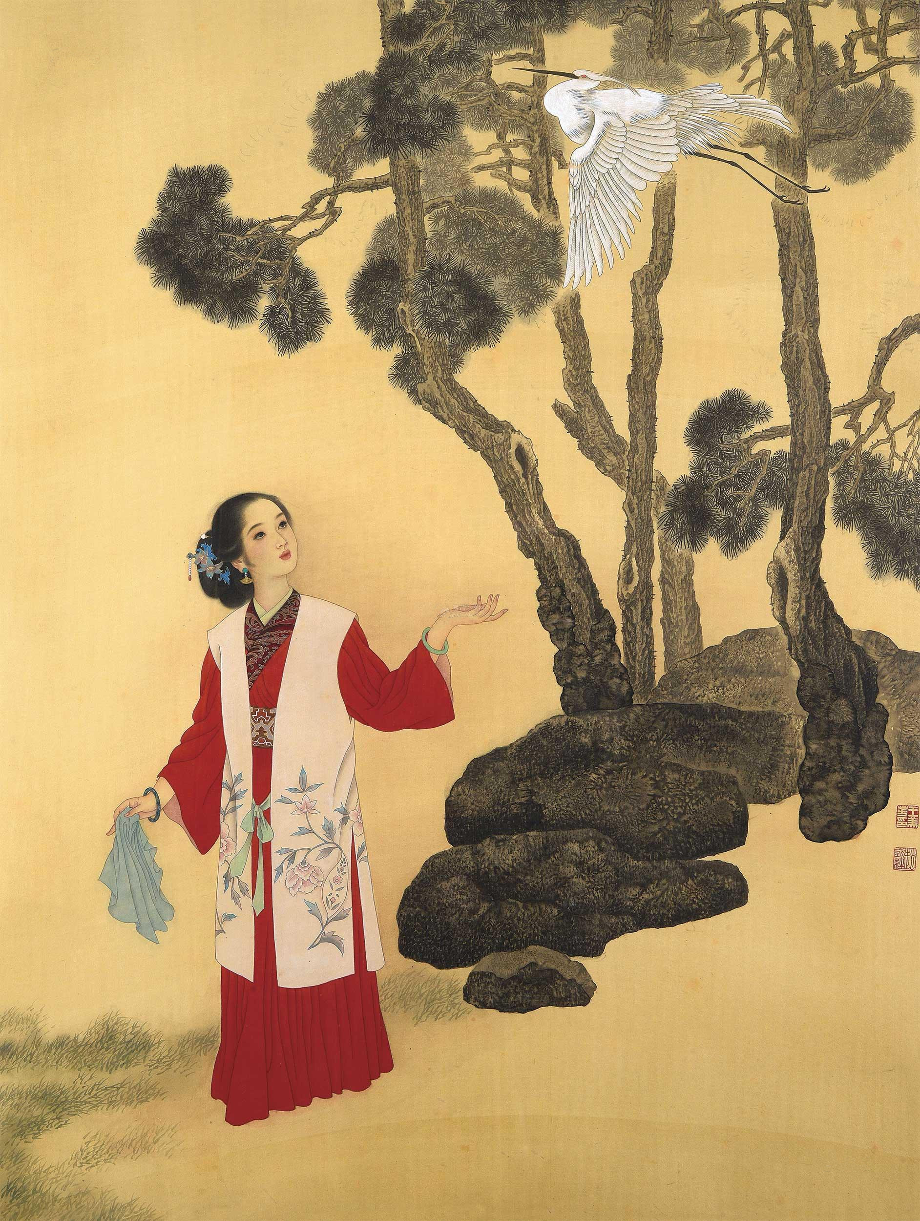 松庭观鹤 赵国经王美芳工笔仕女-堆糖,美好生活研究所