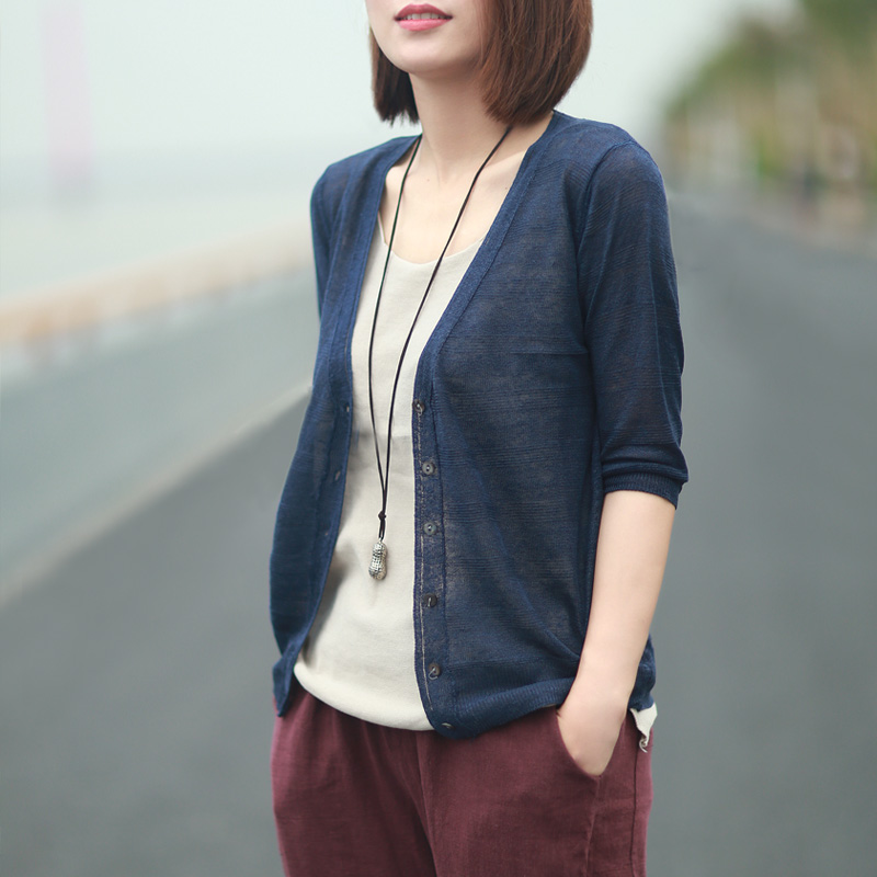 8新 净色条纹亚麻针织衫短外套开衫防晒衣女夏中袖秋短款