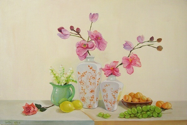 花瓶与水果 水粉画图片