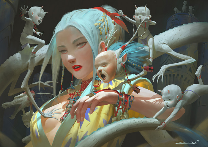 其作品混合亚洲异怪和奇幻的元素,营造了一种鬼魅迷幻的既视感.