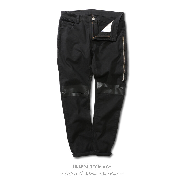 unafraid 2016a/w slim fit 修身 刮烂 牛仔裤 拉链 印花 黑色