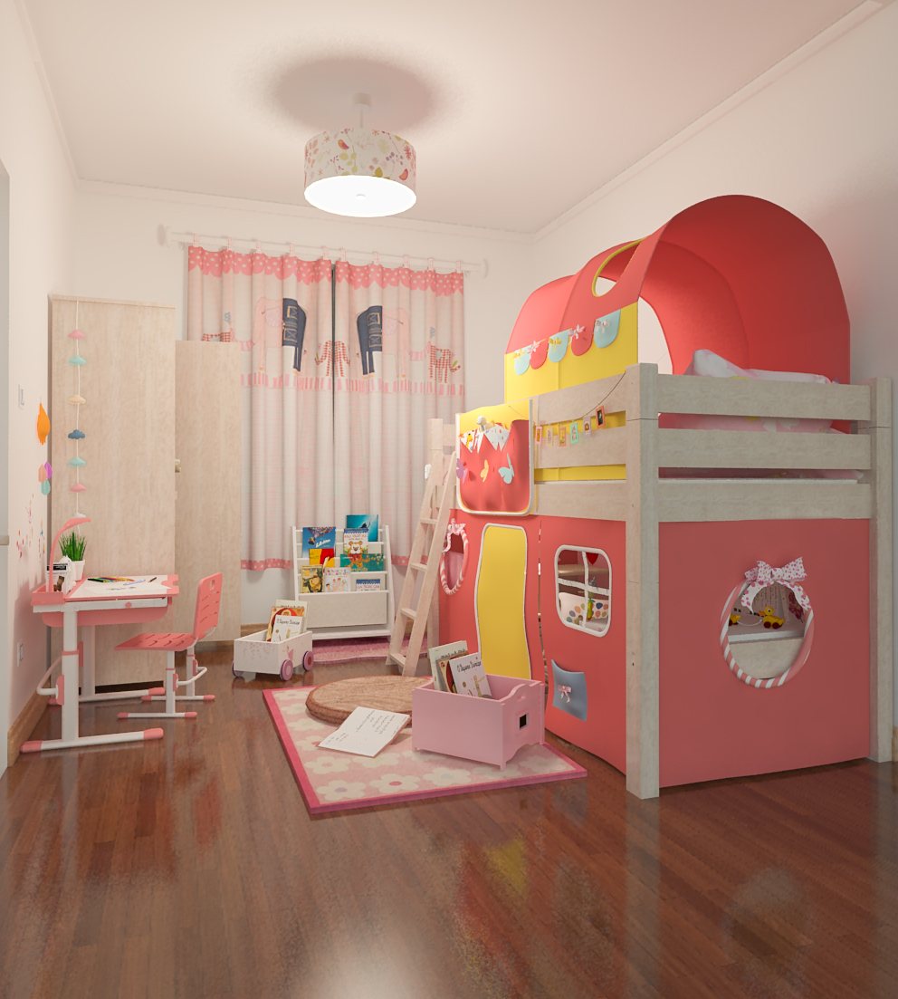 设计狮爸爸模块化儿童房设计效果图女孩粉红帐篷