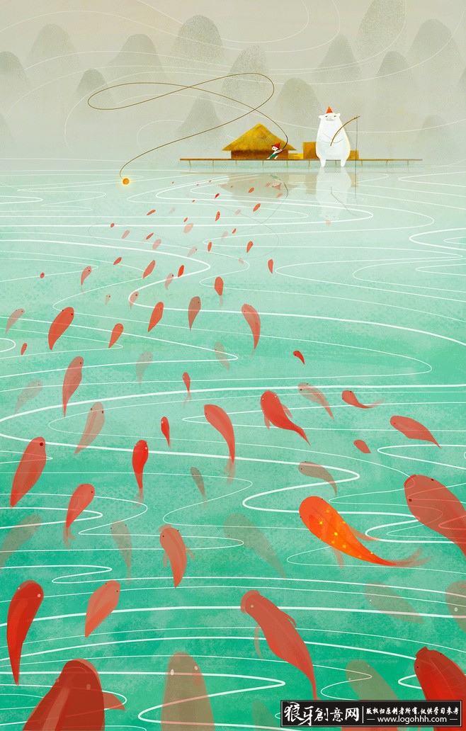 中国风 创意插画金鱼海报 池塘垂钓 锦鲤 红鲤鱼 钓鱼翁 垂钓 蓑衣