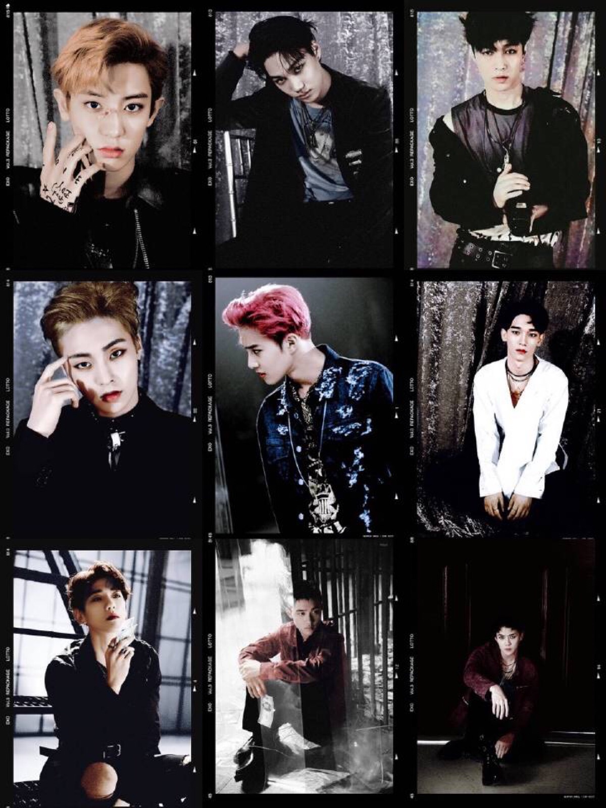 今年八月发布的新专《lotto》主打曲《lotto》九人拼接海报 #exo