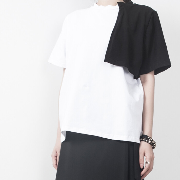 「衣笃」2016夏季原创设计t恤棉黑白拼色极简潮流范圆领上衣