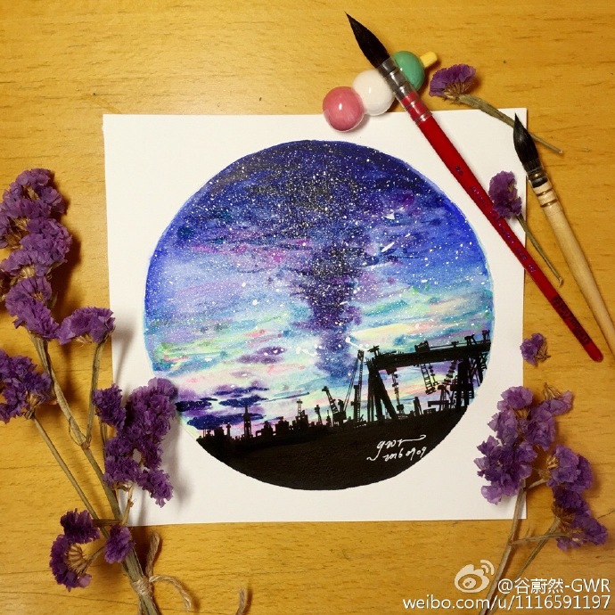 一画#每日一水彩 彩色部分:吉祥颜彩 樱花固彩 黑色部分:纯黑马克笔