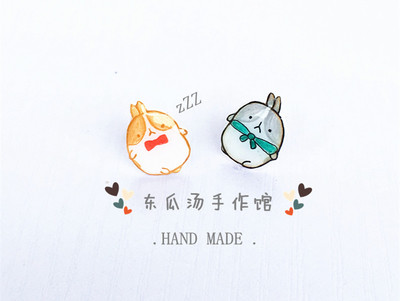 萌兔子热缩片耳钉diy纯手绘小清新耳饰送