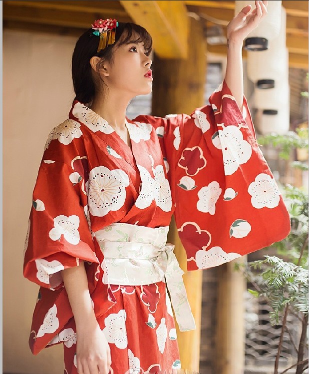 定制 日系樱花 red和服浴衣女复古少女连衣裙yukata改良同款日式和风
