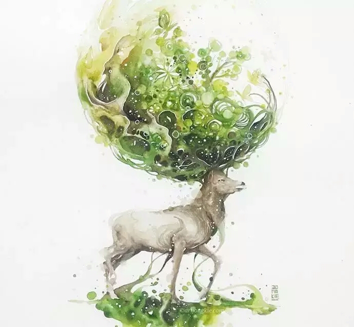 水彩,鹿,唯美