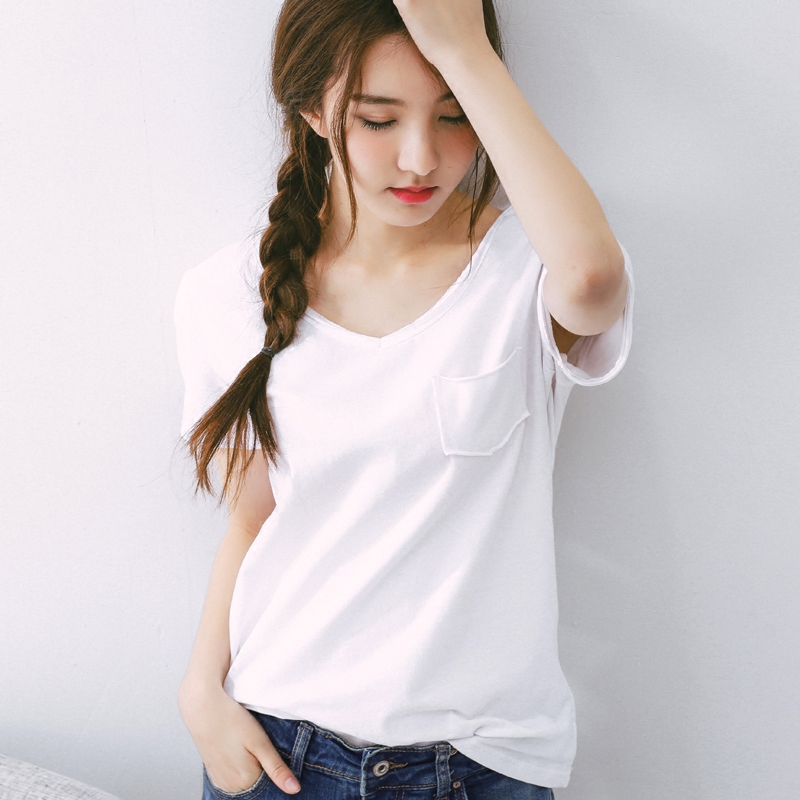 韩版女装纯棉夏季宽松简约纯色v领短袖白色t恤女学生百搭打底衫女