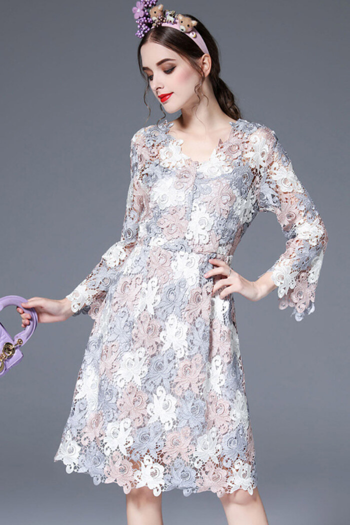 欧洲站2016秋季喇叭袖高腰显瘦a字裙长袖水溶镂空蕾丝连衣裙女