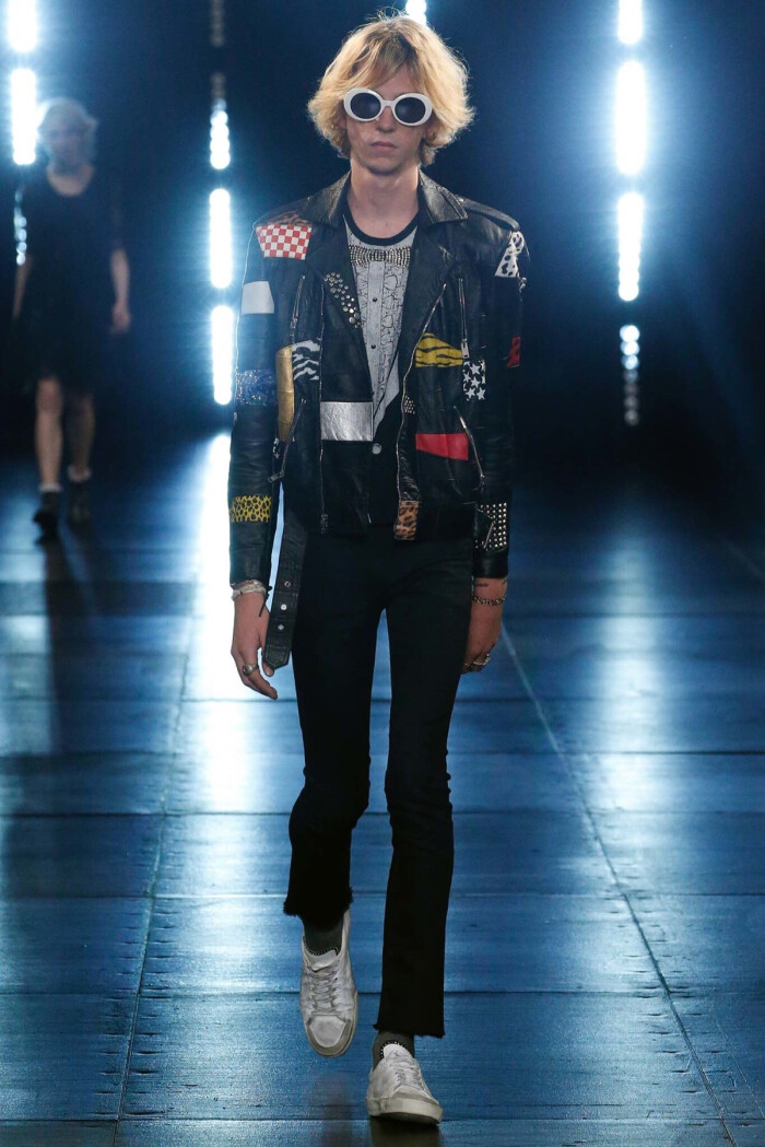 slp/patchwork studded motorcycle jacket.
