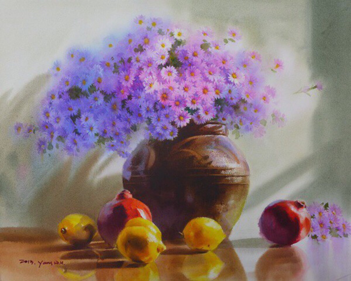 yang won hui,韩国画家.她的花卉水彩画作,风格清新唯美,色彩细腻丰富
