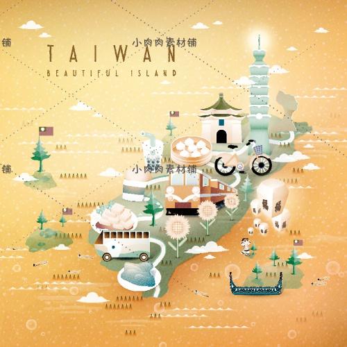 扁平化台湾美食地图旅行建筑标志手绘地图矢量设计素材ai121