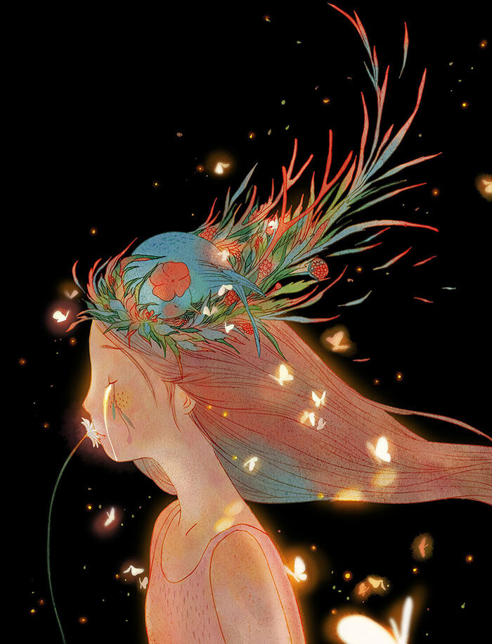 美美的插画,手机壁纸.鹿角女孩.