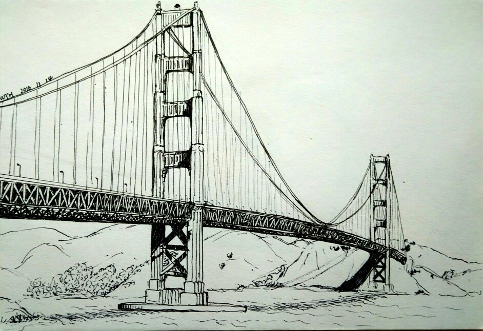 桥素描画 简单图片