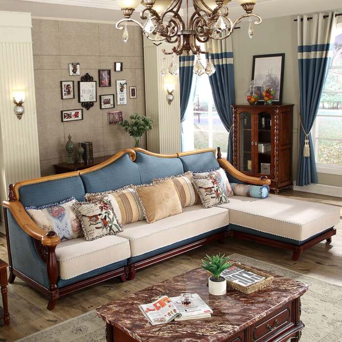 地中海实木沙发 美式乡村布艺沙发客厅转角实木沙发 欧式布艺沙发