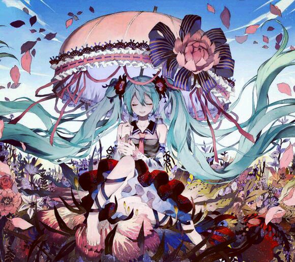 初音未来,蓝色双马尾,花