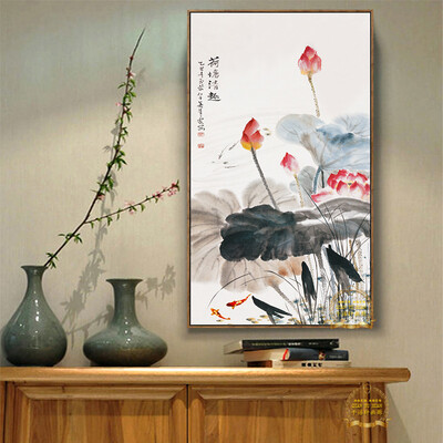 定制 现代新中式玄关装饰画书房餐厅走廊挂画墙画壁画水墨荷花画芯
