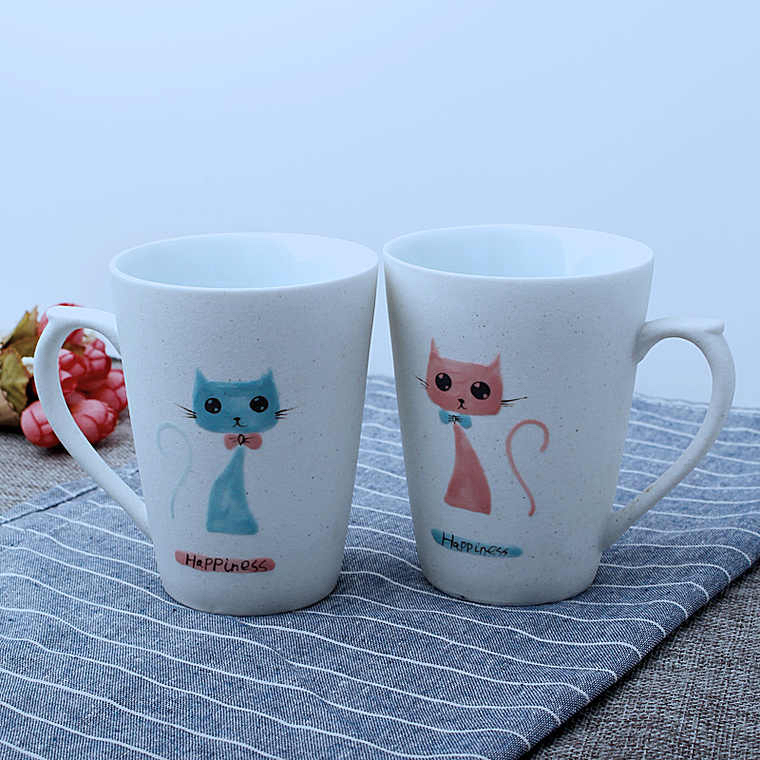 手工磨砂陶瓷杯子 手绘情侣可爱猫咪马克杯套杯一对杯包邮