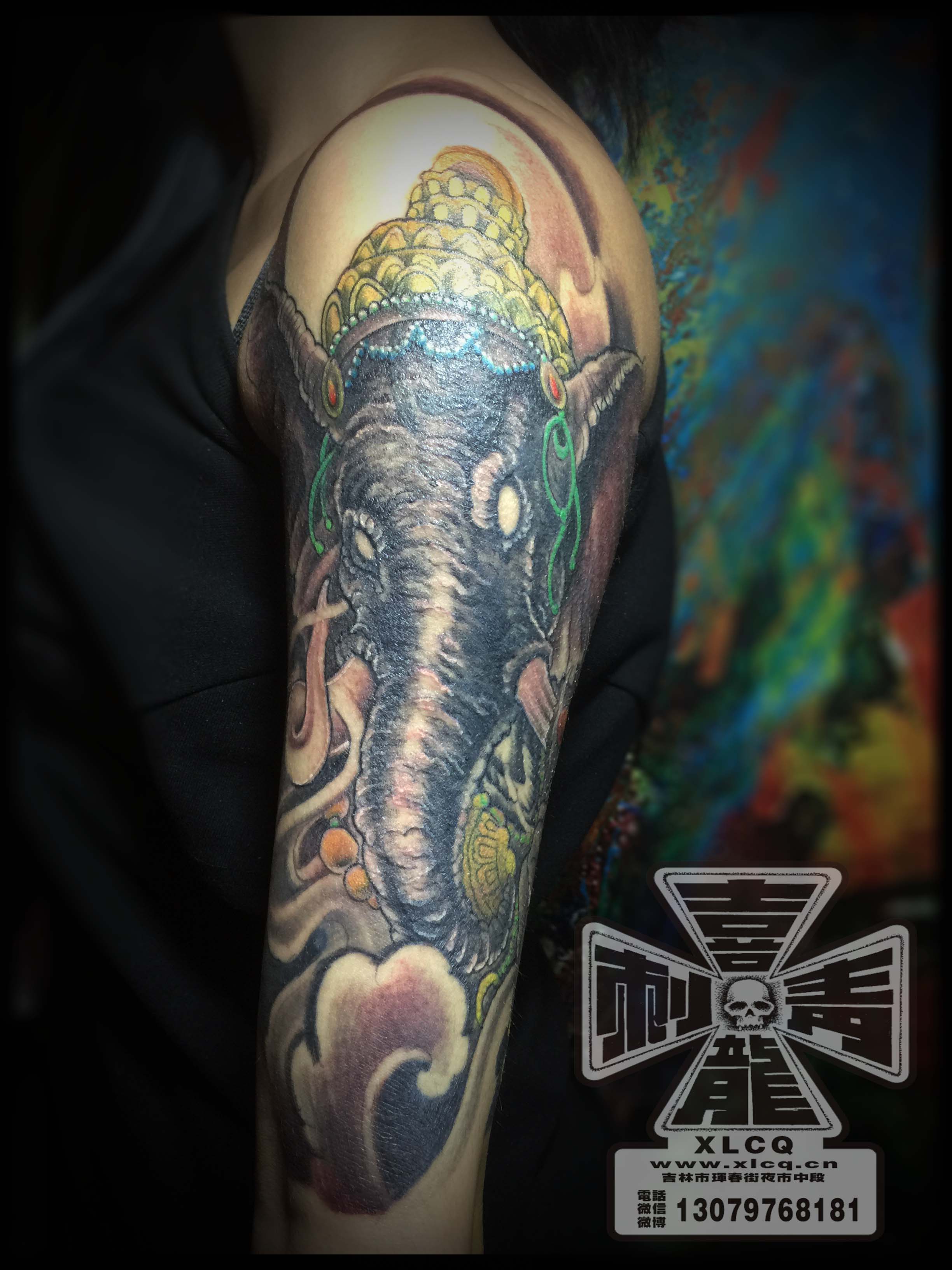 大臂包臂纹身图案 彩色象神象刺青纹身 tattoo 吉林纹身